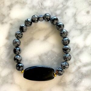 Snow flake obsidian with black tourmaline center stone bracelet